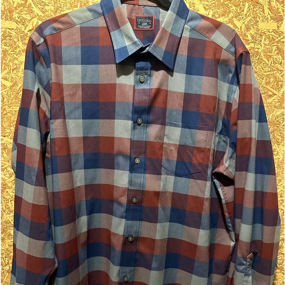 Untuckit Men’s Gray/Blue Plaid Long Sleeve Button On Size L